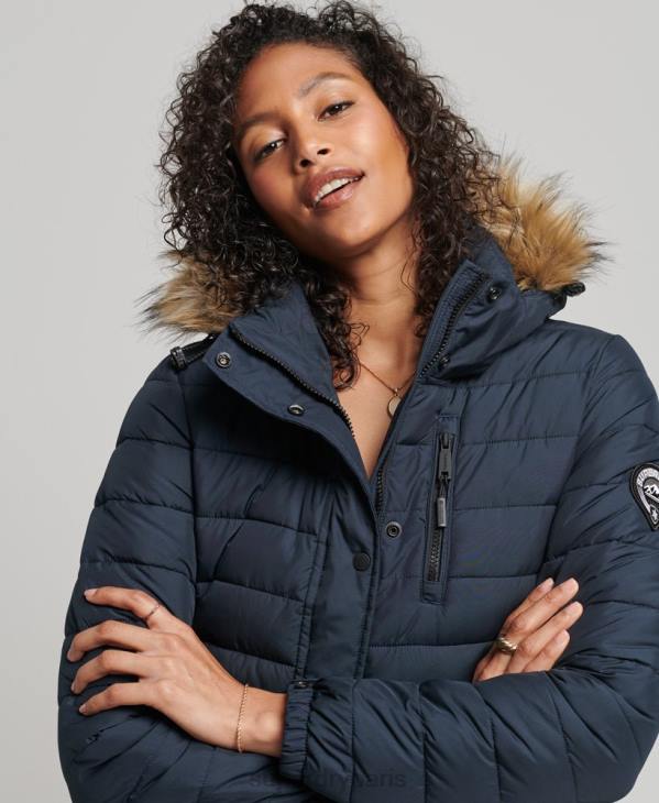 Superdry femmes doudoune longue légère à capuche en fausse fourrure D64Z3622 vêtements marine