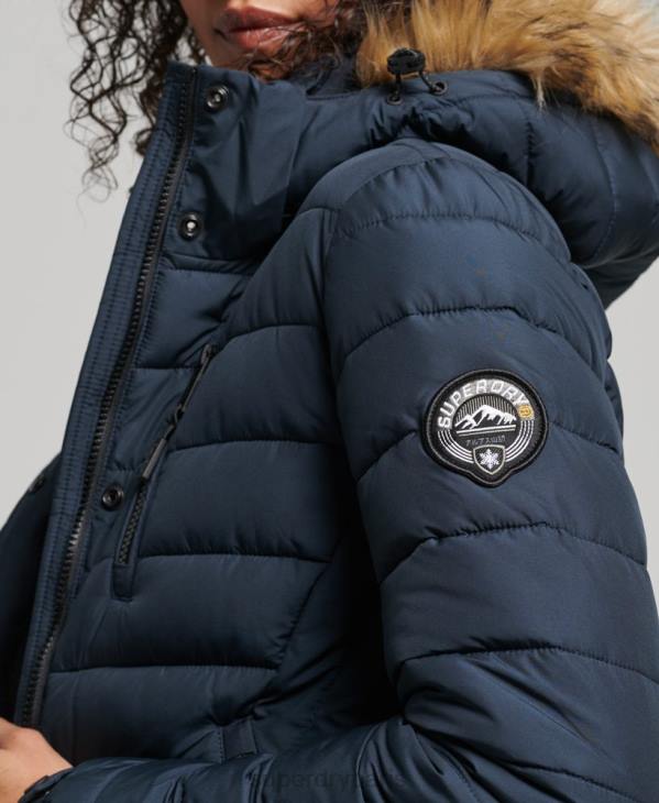 Superdry femmes doudoune longue légère à capuche en fausse fourrure D64Z3622 vêtements marine