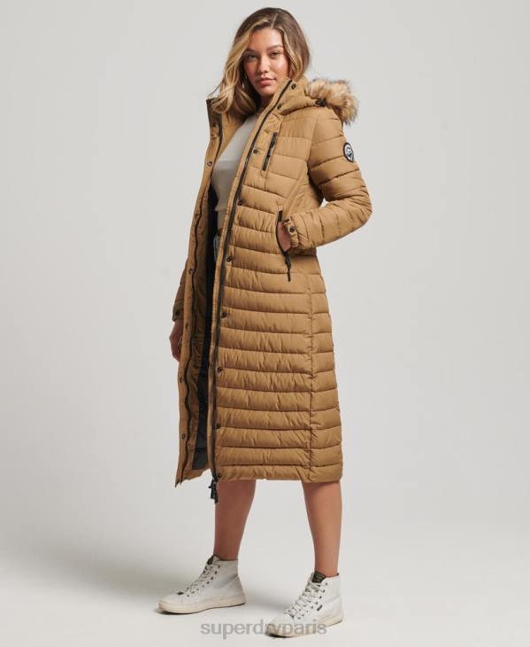 Superdry femmes doudoune longue légère à capuche en fausse fourrure D64Z3701 vêtements brun