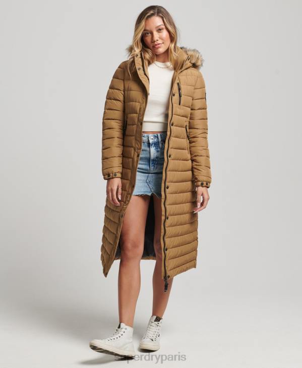 Superdry femmes doudoune longue légère à capuche en fausse fourrure D64Z3701 vêtements brun
