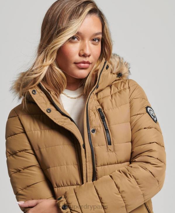 Superdry femmes doudoune longue légère à capuche en fausse fourrure D64Z3701 vêtements brun