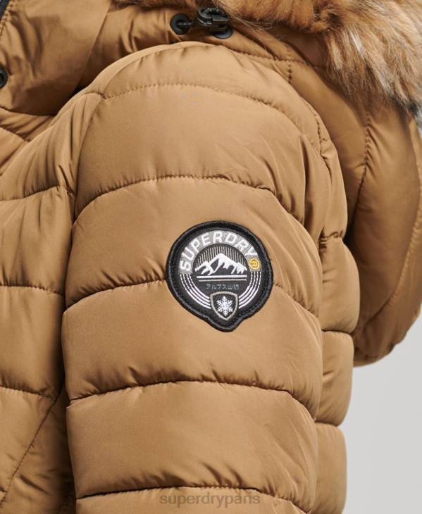 Superdry femmes doudoune longue légère à capuche en fausse fourrure D64Z3701 vêtements brun