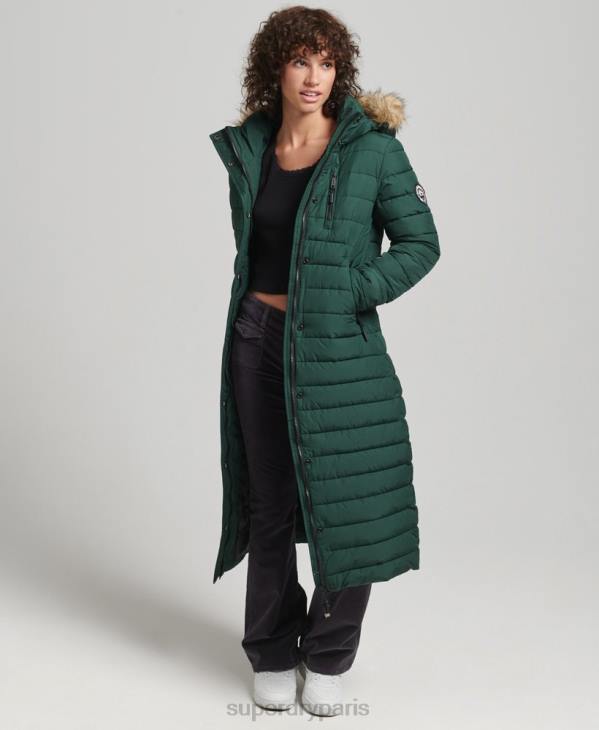 Superdry femmes doudoune longue légère à capuche en fausse fourrure D64Z3702 vêtements vert
