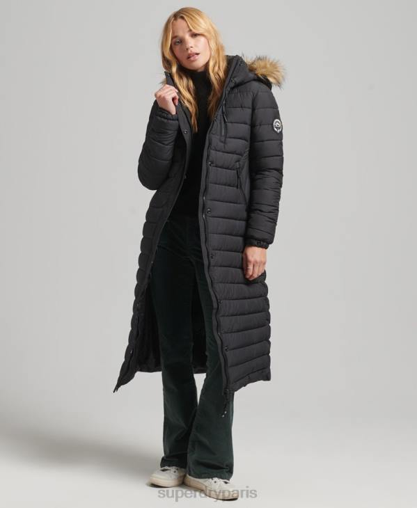 Superdry femmes doudoune longue légère à capuche en fausse fourrure D64Z3716 vêtements noir