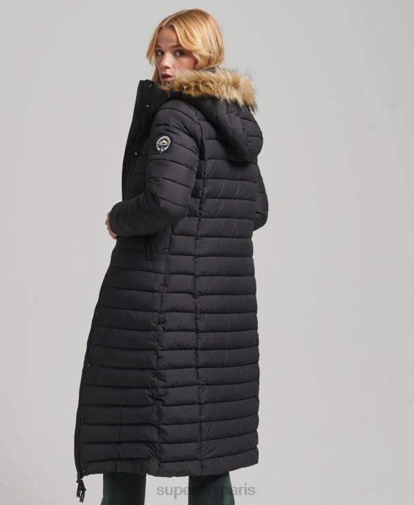 Superdry femmes doudoune longue légère à capuche en fausse fourrure D64Z3716 vêtements noir