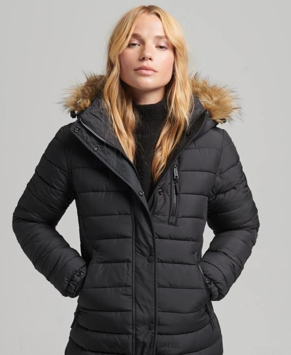 Superdry femmes doudoune longue légère à capuche en fausse fourrure D64Z3716 vêtements noir