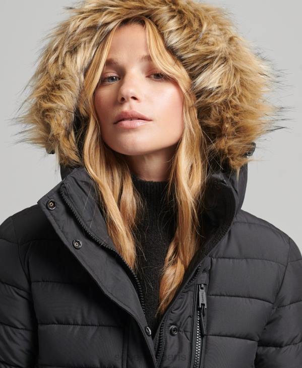 Superdry femmes doudoune longue légère à capuche en fausse fourrure D64Z3716 vêtements noir