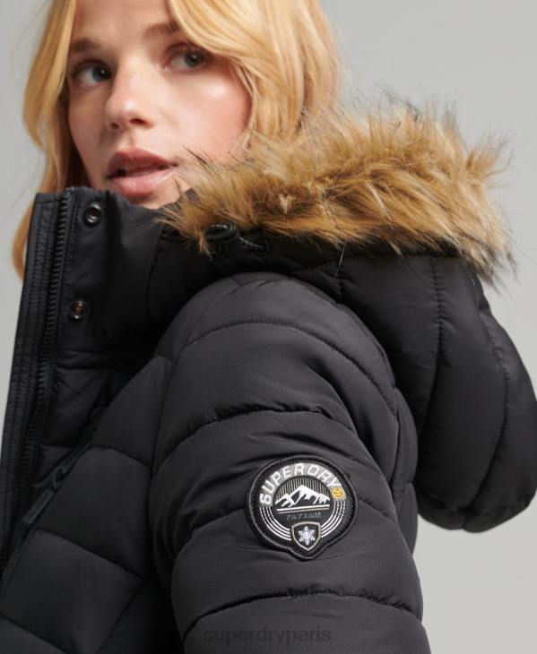 Superdry femmes doudoune longue légère à capuche en fausse fourrure D64Z3716 vêtements noir