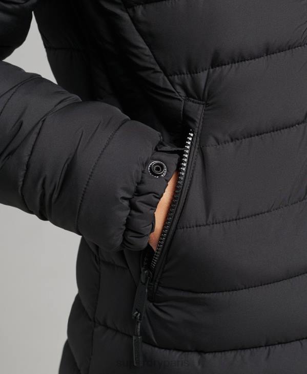 Superdry femmes doudoune longue légère à capuche en fausse fourrure D64Z3716 vêtements noir