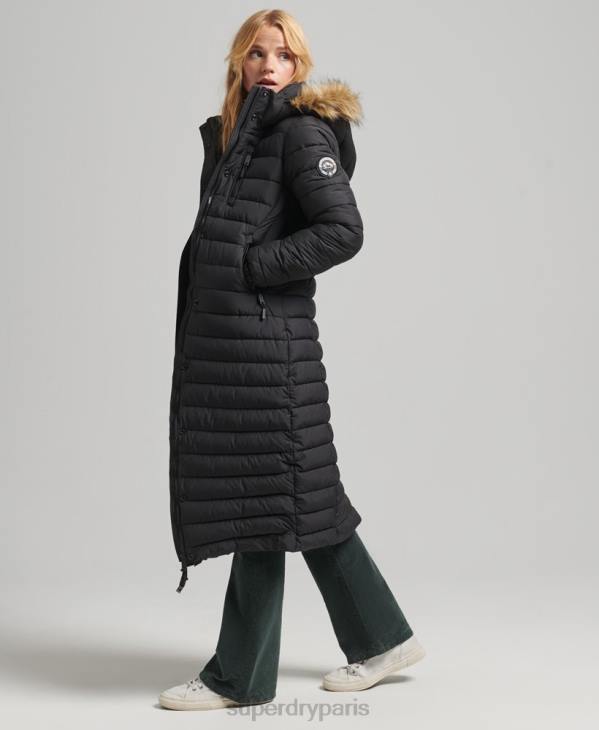 Superdry femmes doudoune longue légère à capuche en fausse fourrure D64Z3716 vêtements noir