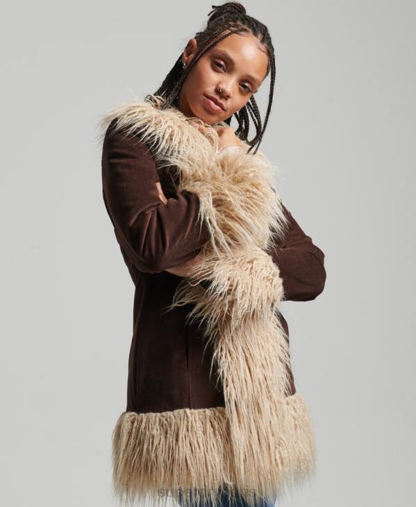 Superdry femmes manteau afghan doublé de fausse fourrure D64Z3643 vêtements brun