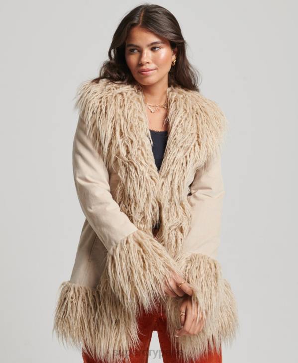 Superdry femmes manteau afghan doublé de fausse fourrure D64Z3721 vêtements brun