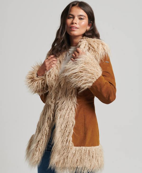 Superdry femmes manteau afghan doublé de fausse fourrure D64Z3737 vêtements brun