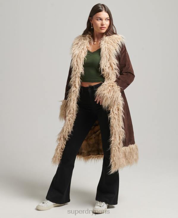 Superdry femmes manteau afghan long doublé de fausse fourrure D64Z3813 vêtements brun