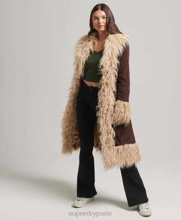 Superdry femmes manteau afghan long doublé de fausse fourrure D64Z3813 vêtements brun