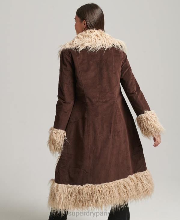Superdry femmes manteau afghan long doublé de fausse fourrure D64Z3813 vêtements brun