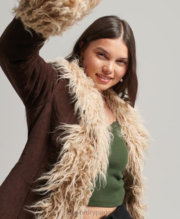 Superdry femmes manteau afghan long doublé de fausse fourrure D64Z3813 vêtements brun