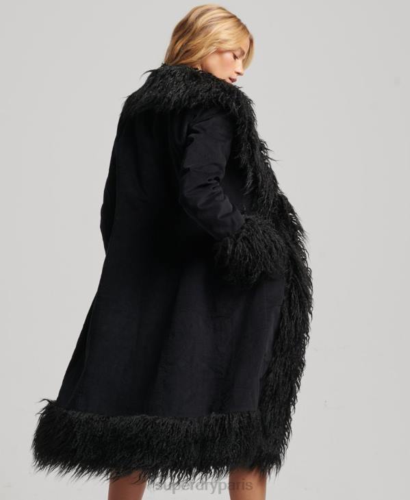 Superdry femmes manteau afghan long doublé de fausse fourrure D64Z3820 vêtements noir