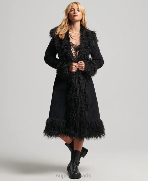 Superdry femmes manteau afghan long doublé de fausse fourrure D64Z3820 vêtements noir