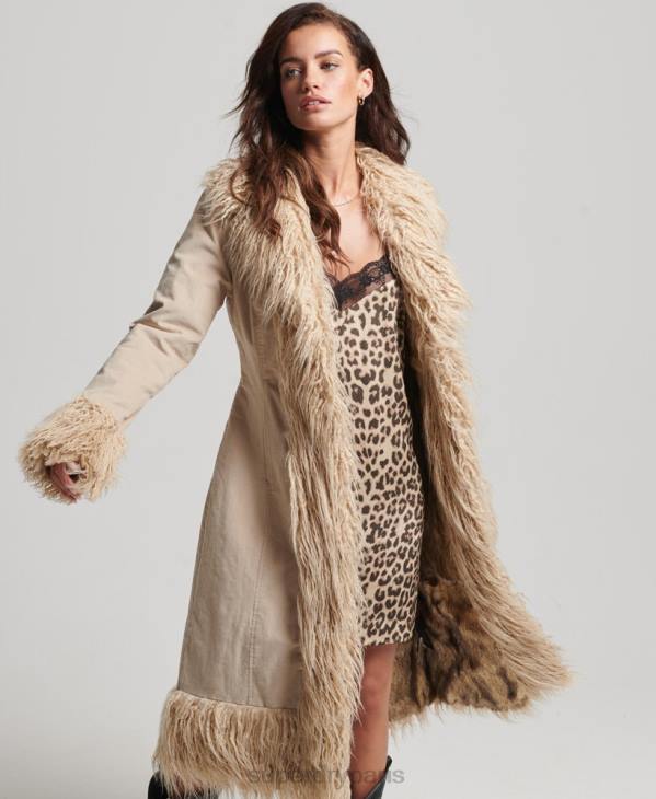 Superdry femmes manteau afghan long doublé de fausse fourrure D64Z3824 vêtements brun