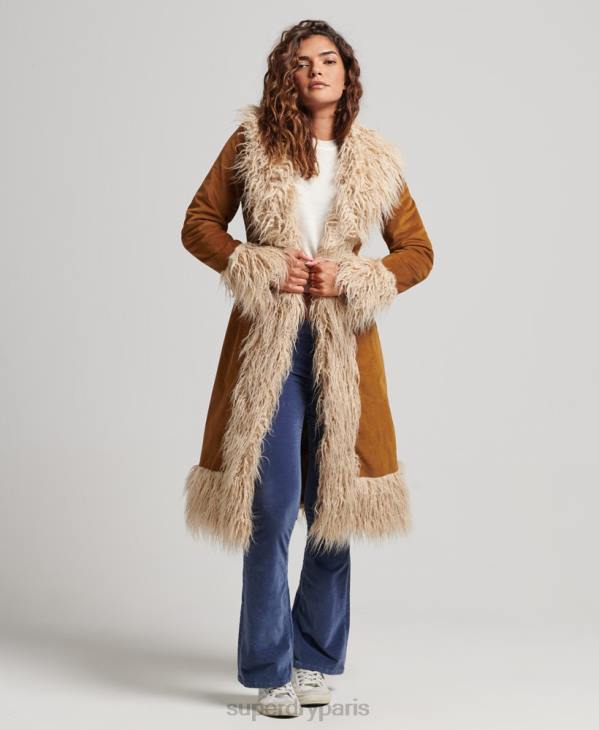 Superdry femmes manteau afghan long doublé de fausse fourrure D64Z3835 vêtements brun