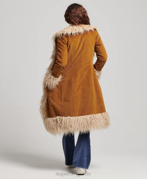 Superdry femmes manteau afghan long doublé de fausse fourrure D64Z3835 vêtements brun