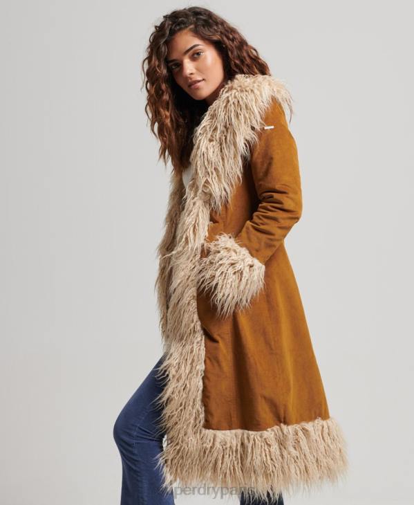 Superdry femmes manteau afghan long doublé de fausse fourrure D64Z3835 vêtements brun