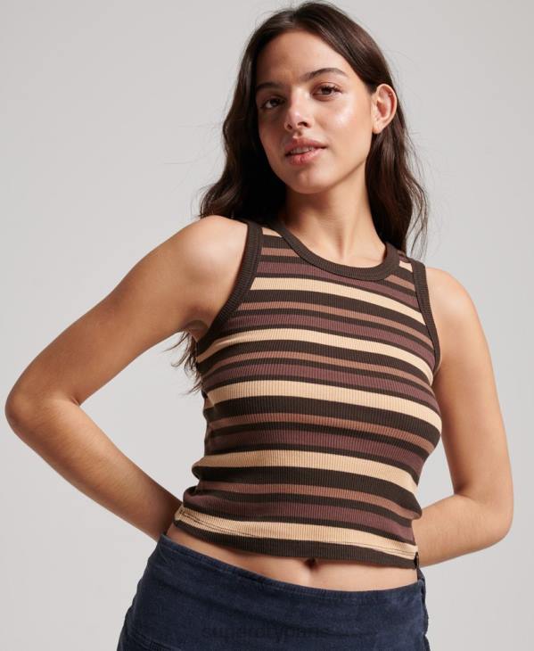 Superdry femmes débardeur rayé à côtes nageur D64Z6715 vêtements brun
