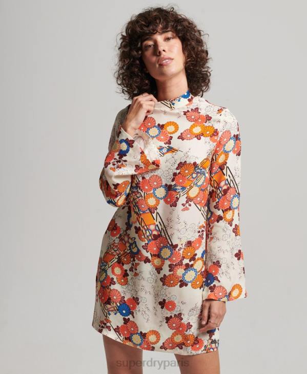 Superdry femmes mini robe imprimée à manches longues D64Z2426 vêtements crème