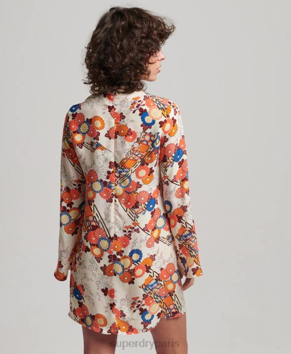 Superdry femmes mini robe imprimée à manches longues D64Z2426 vêtements crème