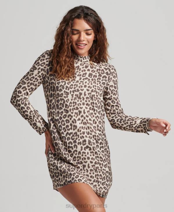 Superdry femmes mini robe imprimée à manches longues D64Z2438 vêtements brun