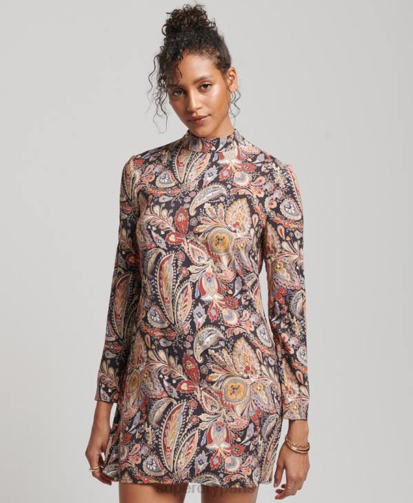 Superdry femmes mini robe imprimée à manches longues D64Z2476 vêtements bronzer