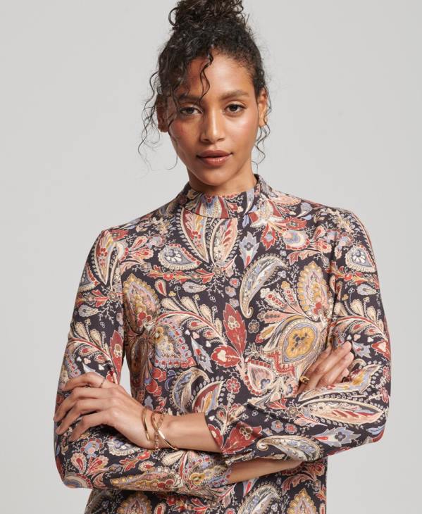 Superdry femmes mini robe imprimée à manches longues D64Z2476 vêtements bronzer