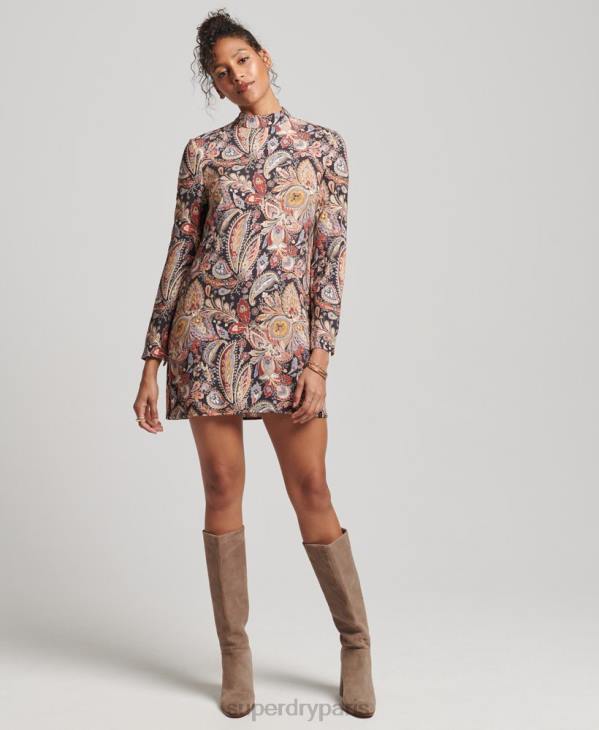 Superdry femmes mini robe imprimée à manches longues D64Z2476 vêtements bronzer