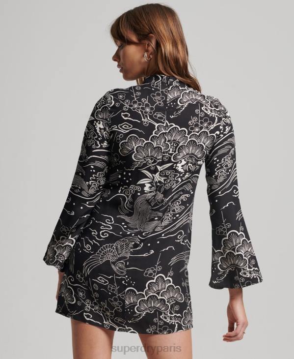 Superdry femmes mini robe imprimée à manches longues D64Z2479 vêtements noir