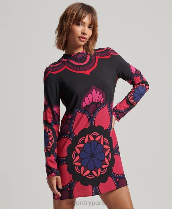 Superdry femmes mini robe imprimée à manches longues D64Z2480 vêtements noir