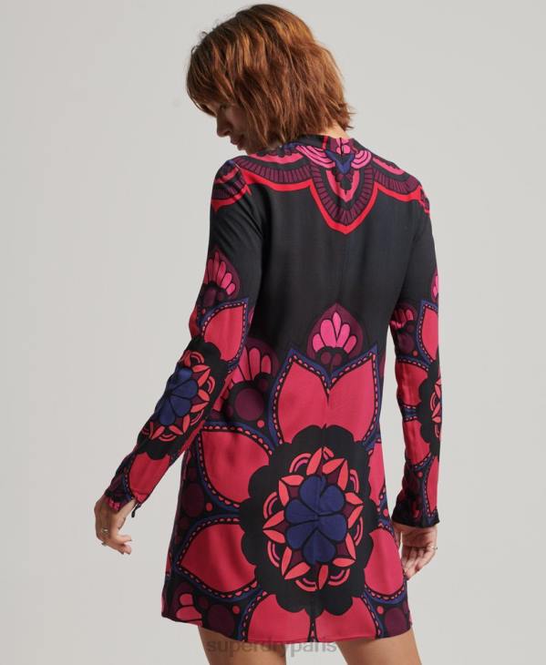 Superdry femmes mini robe imprimée à manches longues D64Z2480 vêtements noir