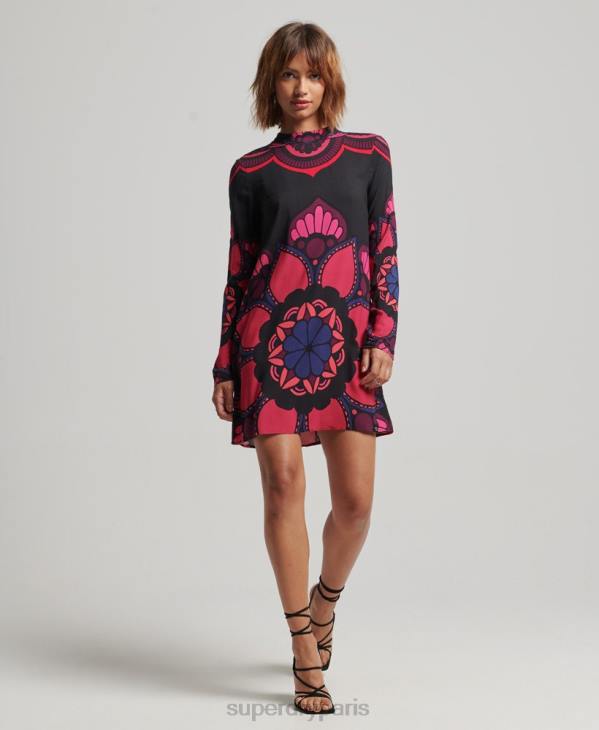 Superdry femmes mini robe imprimée à manches longues D64Z2480 vêtements noir