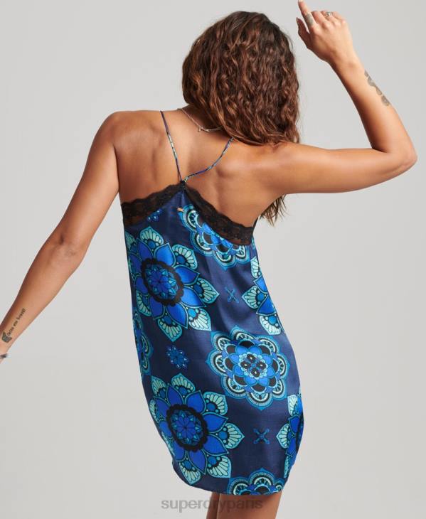Superdry femmes mini-robe nuisette en satin à bords en dentelle D64Z2510 vêtements bleu