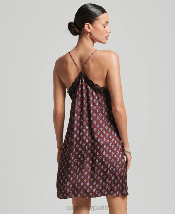 Superdry femmes mini-robe nuisette en satin à bords en dentelle D64Z2524 vêtements rouge