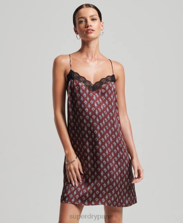 Superdry femmes mini-robe nuisette en satin à bords en dentelle D64Z2524 vêtements rouge