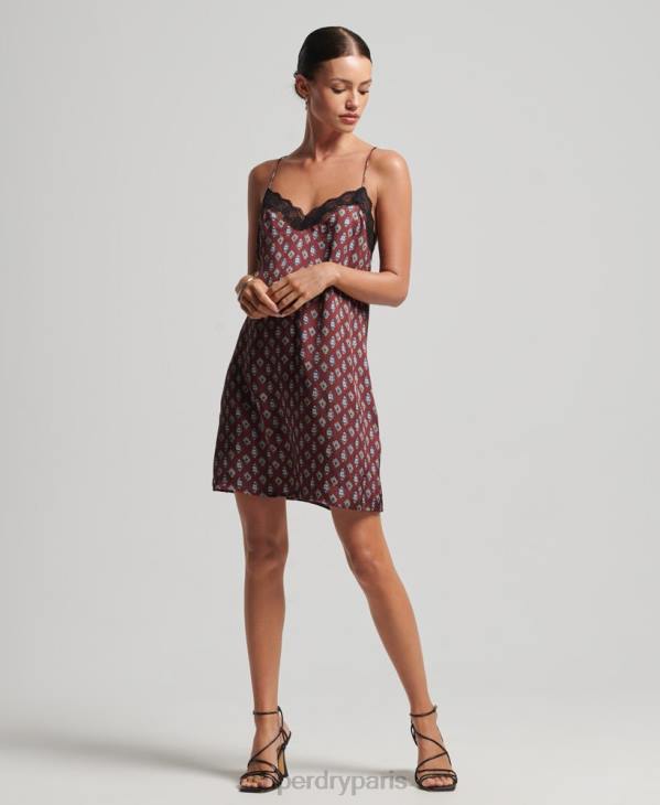 Superdry femmes mini-robe nuisette en satin à bords en dentelle D64Z2524 vêtements rouge