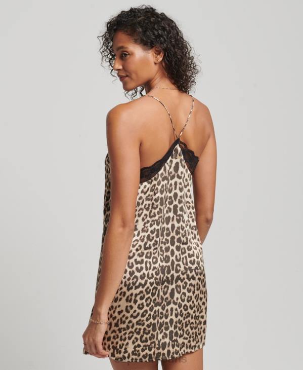 Superdry femmes mini-robe nuisette en satin à bords en dentelle D64Z2539 vêtements brun