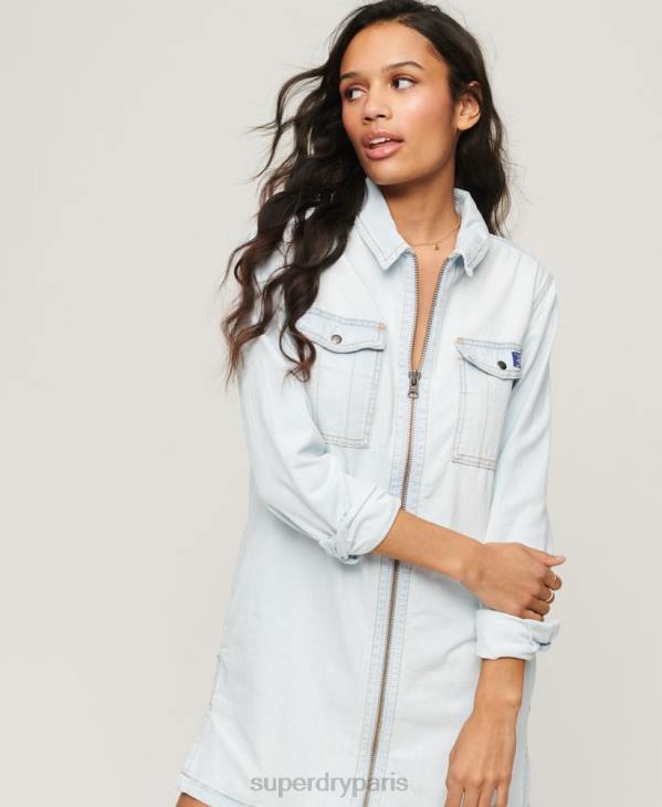 Superdry femmes robe chemise en jean D64Z2543 vêtements bleu clair