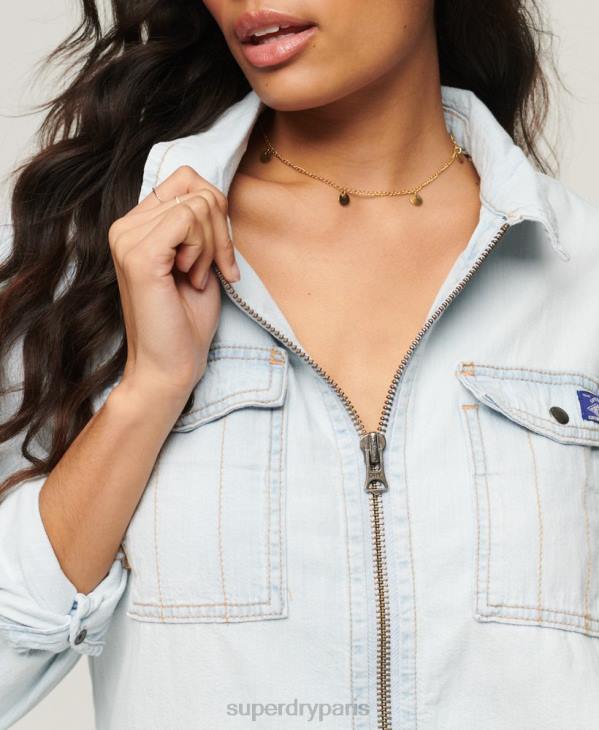 Superdry femmes robe chemise en jean D64Z2543 vêtements bleu clair