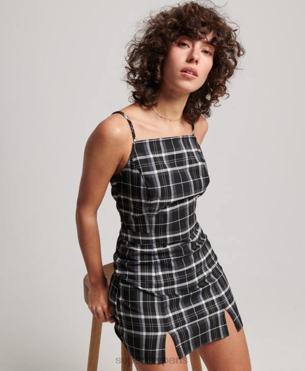 Superdry femmes robe courte caraco à carreaux vintage D64Z2435 vêtements noir