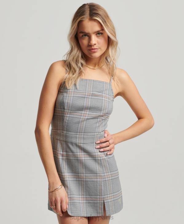 Superdry femmes robe courte caraco à carreaux vintage D64Z2475 vêtements gris