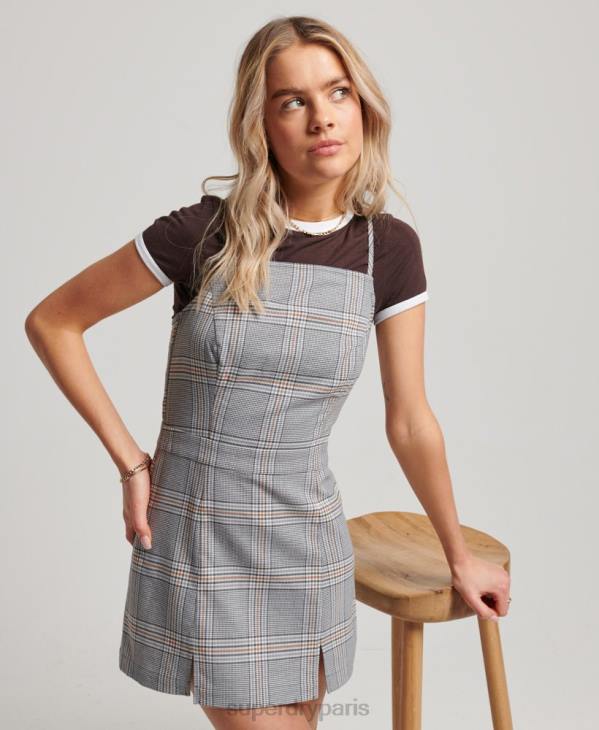 Superdry femmes robe courte caraco à carreaux vintage D64Z2475 vêtements gris