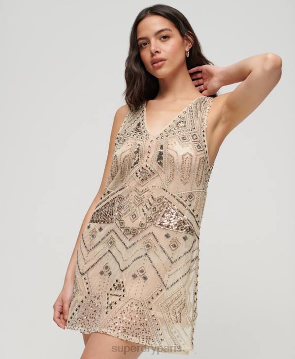 Superdry femmes robe courte à col en v et ornements D64Z2114 vêtements crème