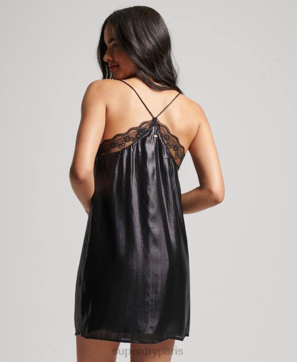 Superdry femmes robe courte en satin à bords en dentelle D64Z2498 vêtements noir